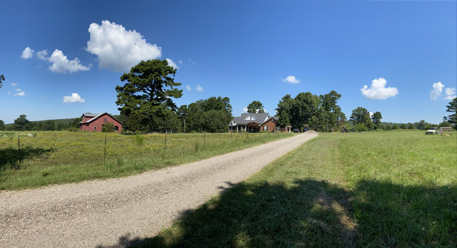 A long driveway and green pasture of grass leading up to a house in the distance