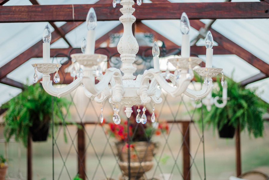 Close up of a chandelier inside a Yoderbilt greenhouse.