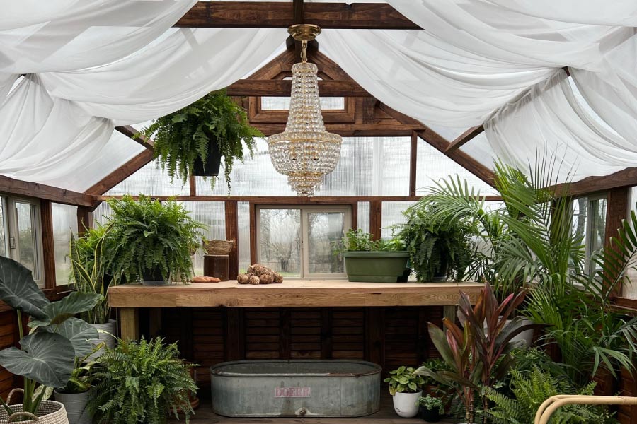Inside of Yoderbilt greenhouse with brown stain with a chandelier and various plants.