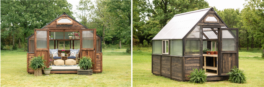 Collage of two Yoderbilt greenhouses. The one on the left has brown stain and has the double doors being held open by planters. Inside you can see two chairs. The right has gray stain with a single open door and a wooden bench inside.