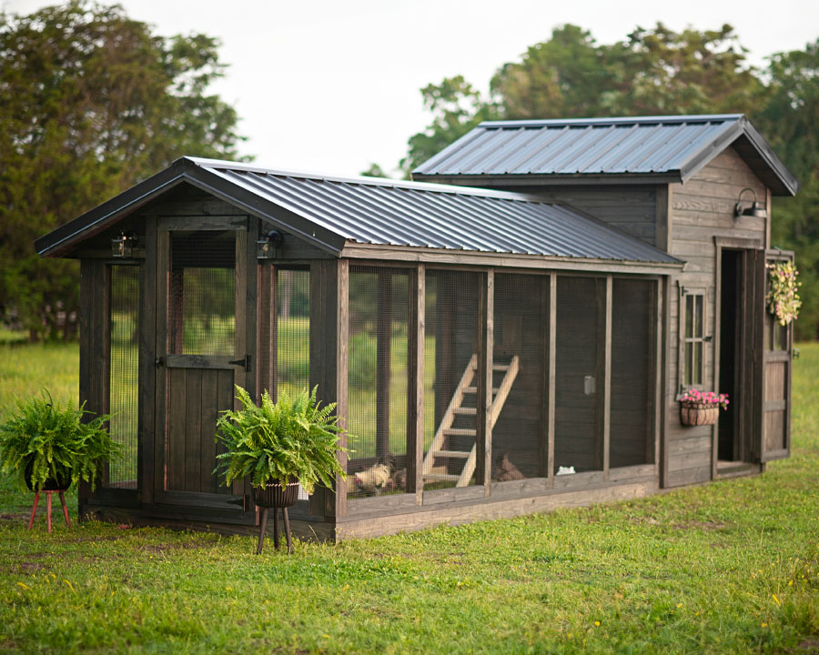 Exterior photo of the Yoderbilt Chicken Coop with gray stain.