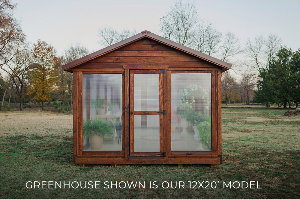 A 12x20 Yoderbilt Traditional Greenhouse with brown stain. There is a single door and it's closed. You can see plants inside. Text at the bottom reads, "Greenhouse shown is our 12x20' model."