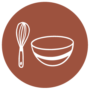 Icon of a brown circle with a white whisk and bowl.