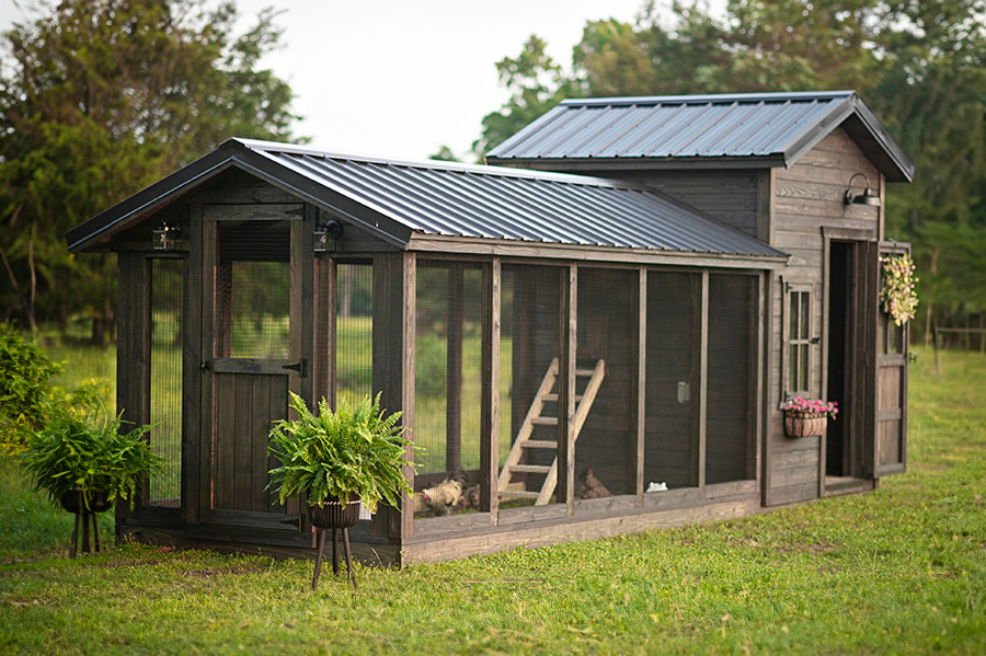 Exterior of a Yoderbilt Chicken Coup with brown stain.