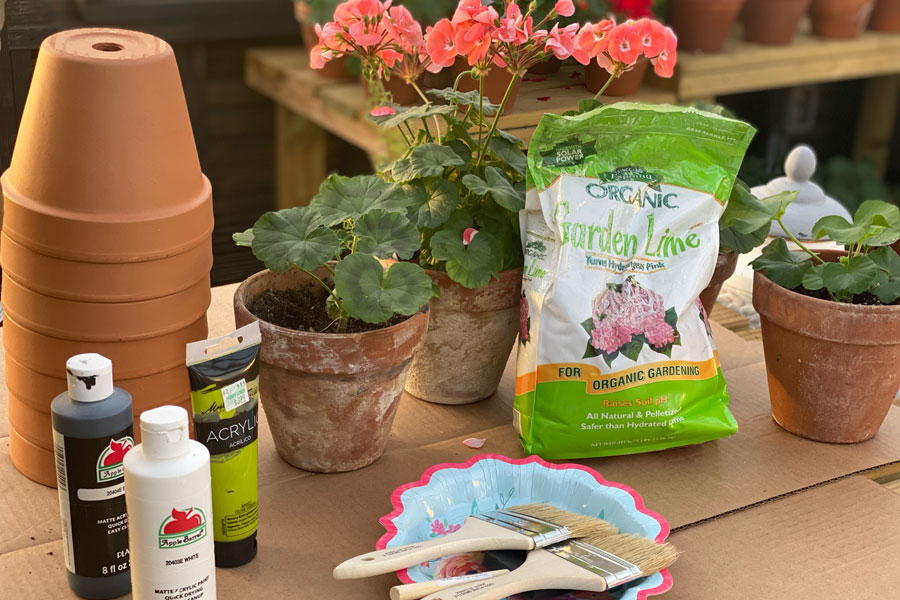 Pots, paint, paint brushes, and mixing solution sitting on table