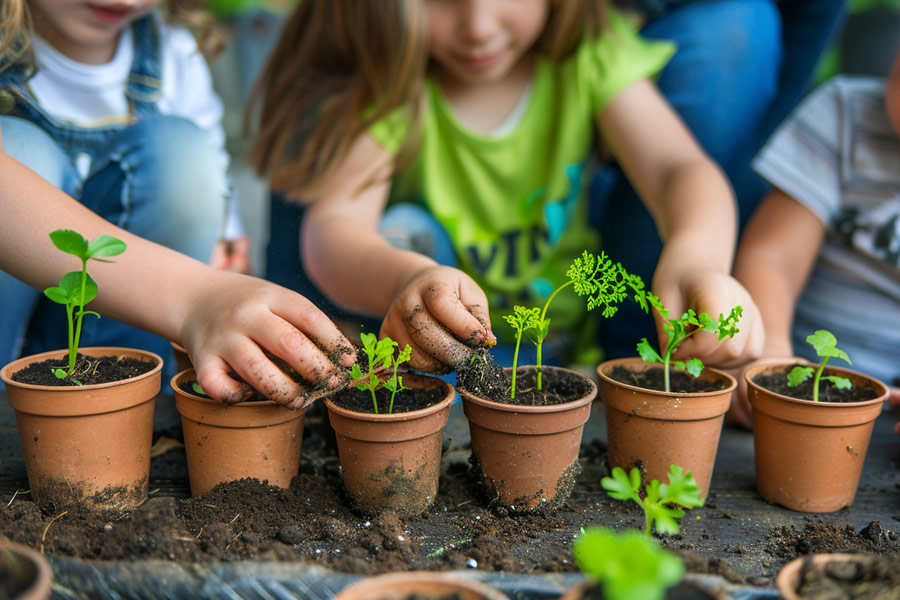 Three young children planting seeds in small gardening pots.