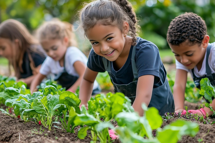 A small girl smiling as she plants in a small garden.