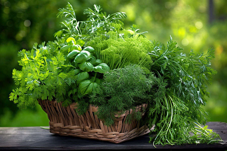 Bright green herbs in a woven basket