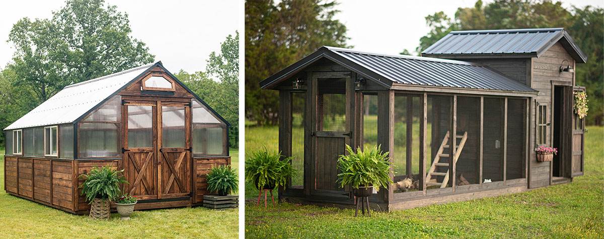 Collage with a photo of a 12x16 Legacy Yoderbilt Greenhouse and a Yoderbilt Chicken Coop DeVille