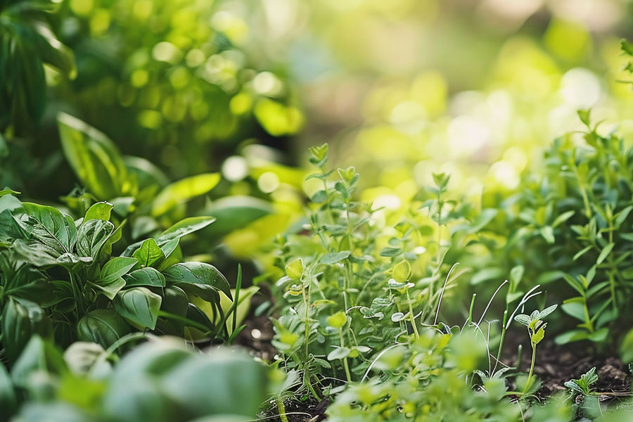 Sun shining down on herbs growing
