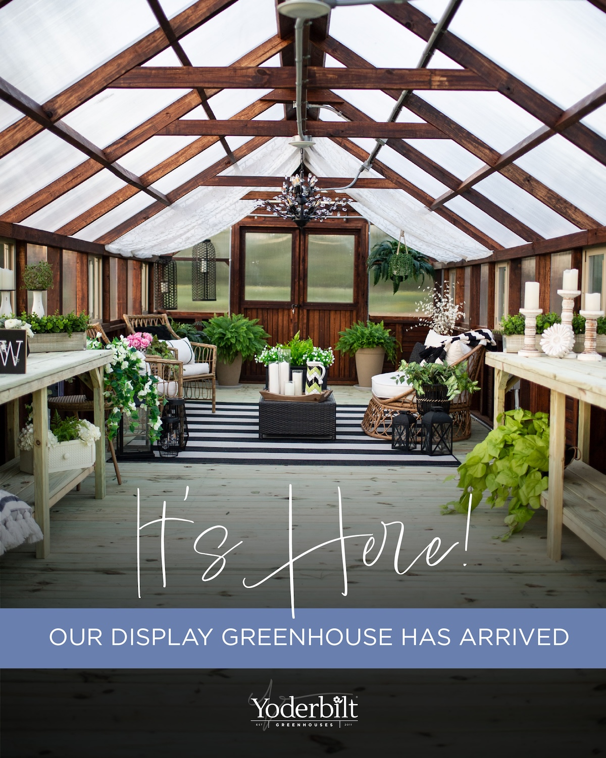 Greenhouse interior with text over it reading "It's Here! Our display greenhouse has arrived."