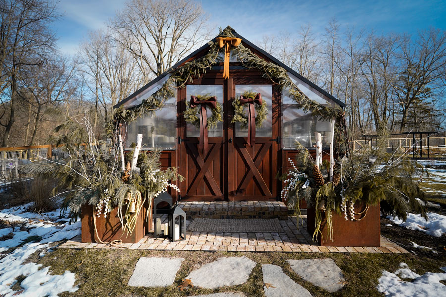 Yoderbilt Greenhouse with Christmas decorations