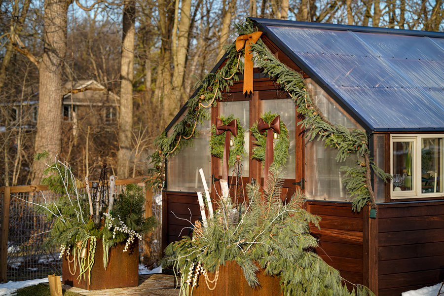 Yoderbilt Greenhouse in Winter decorated with festive decorations
