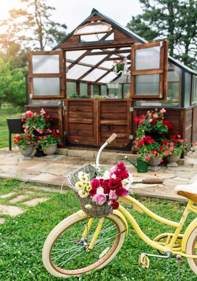 Exterior view of A Yoderbilt Greenhouse with brown stain. The double doors are closed at the bottom but open at the top. Several potted plants outside on a paved path. A bike is resting in front.